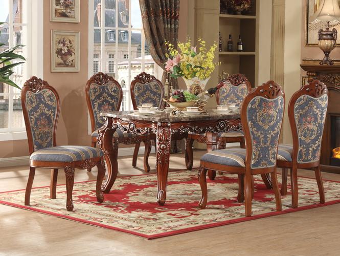 厂家直销 欧式实木雕花餐桌 大理石桌面长餐桌 餐厅组合家具